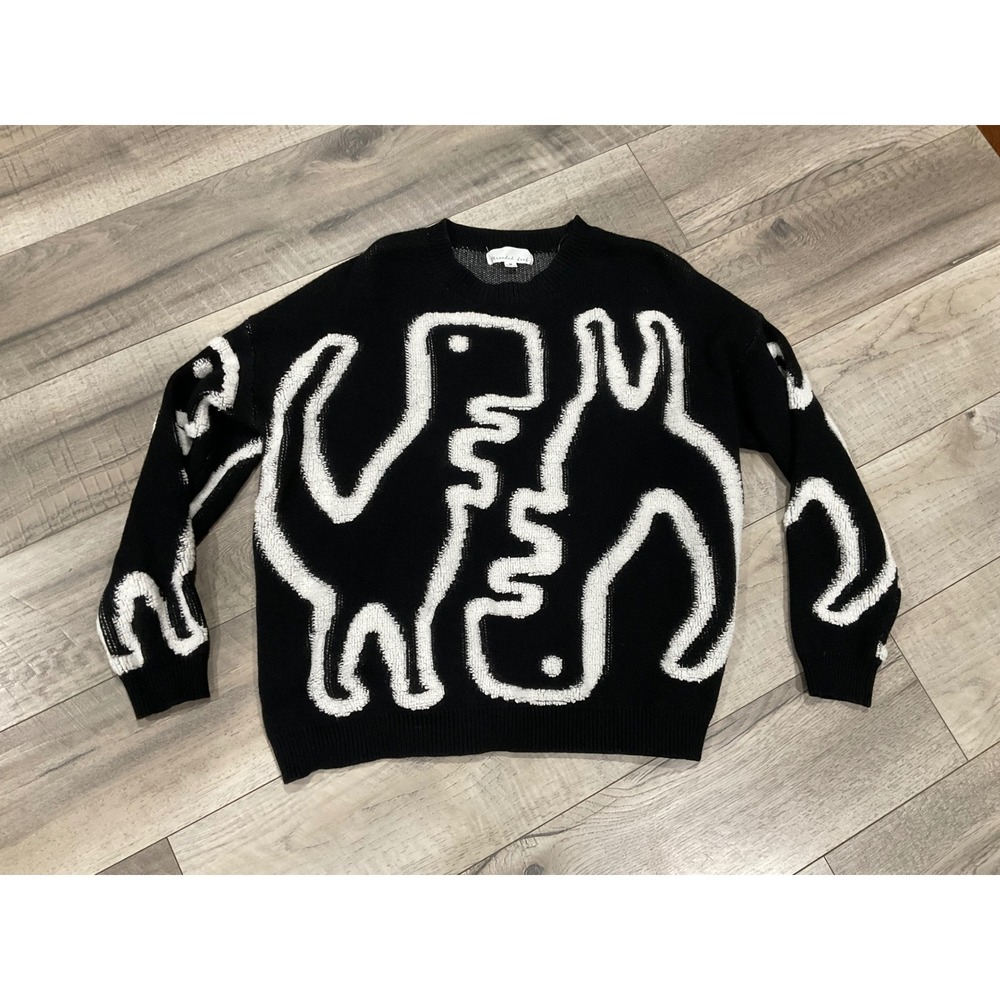 Threaded Leaf Black White Abstract Graphic Knit Sweater medium